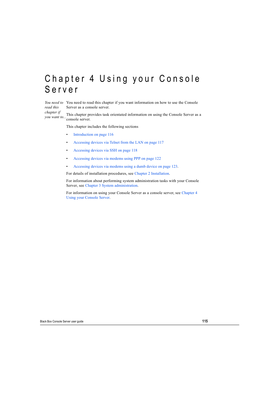 Chapter 4 using your console server, Hapter, Sing | Your, Onsole, Erver, Chapter 4, Using your console server, Chapter 4 using your console, Server | Black Box 16 port User Manual | Page 115 / 263