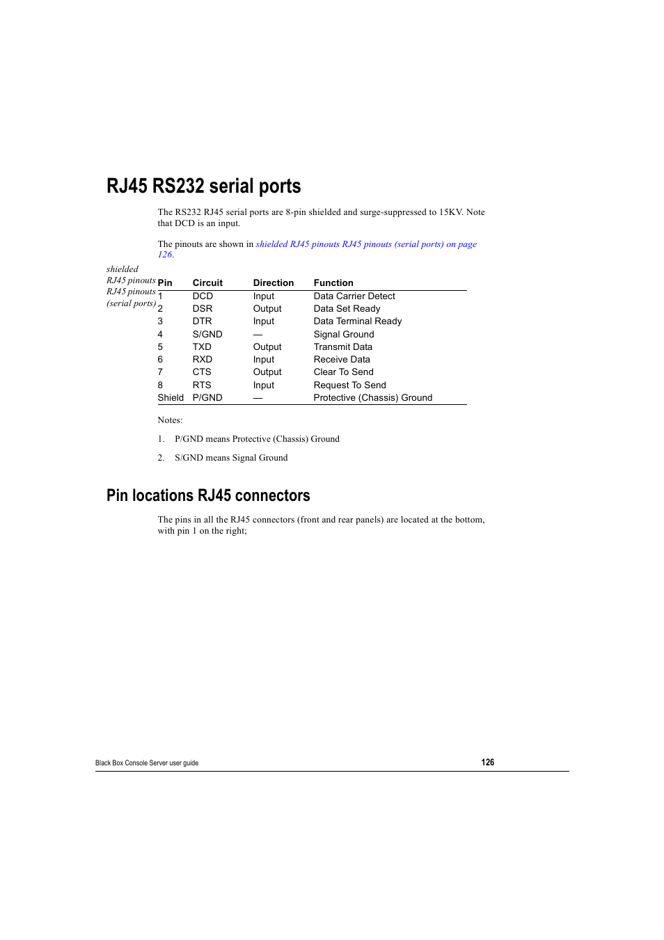 Rj45 rs232 serial ports, Pin locations rj45connectors, Pin locations rj45 connectors | Black Box 16 port User Manual | Page 126 / 263