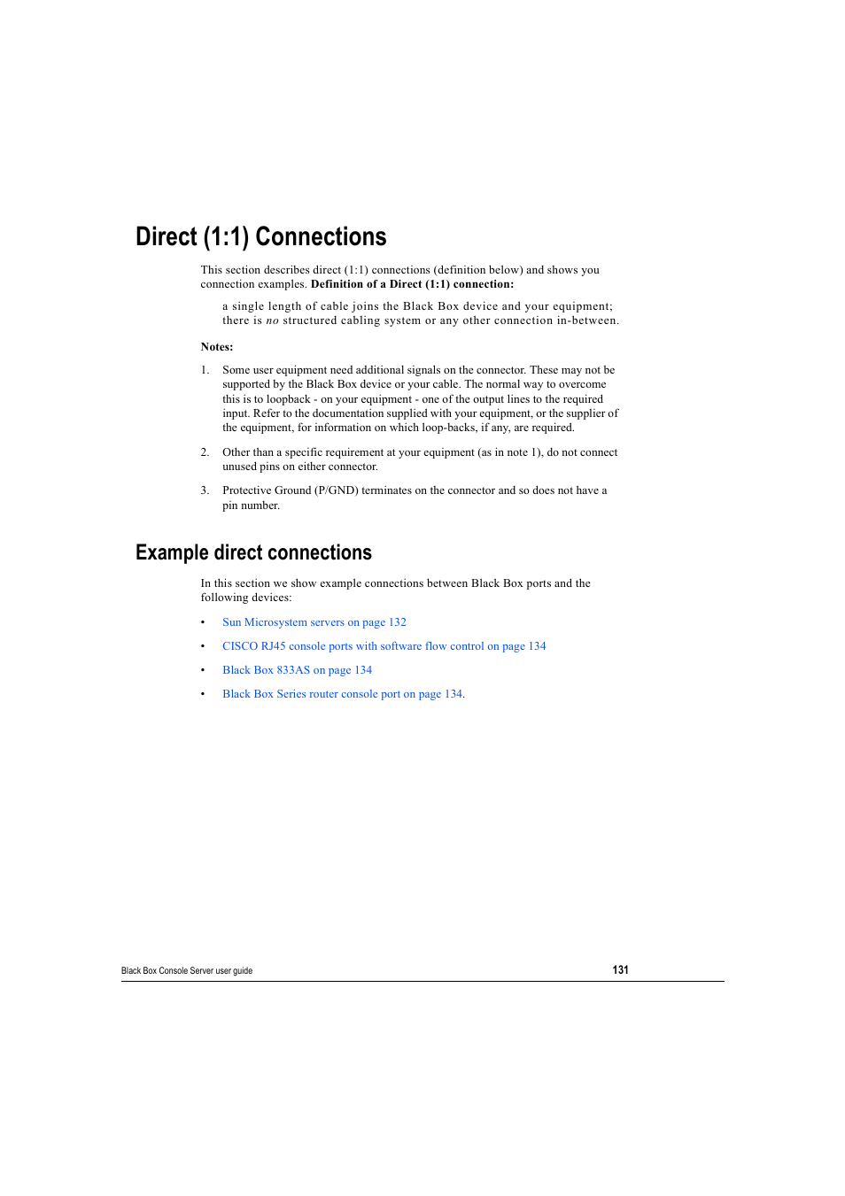 Direct (1:1) connections, Example direct connections | Black Box 16 port User Manual | Page 131 / 263