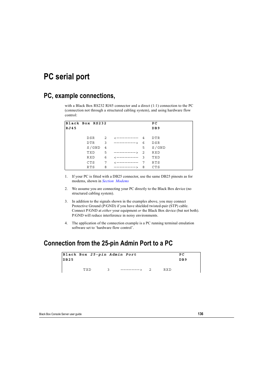 Pc serial port, Pc, example connections, Connection from the 25-pin admin port to a pc | Black Box 16 port User Manual | Page 136 / 263