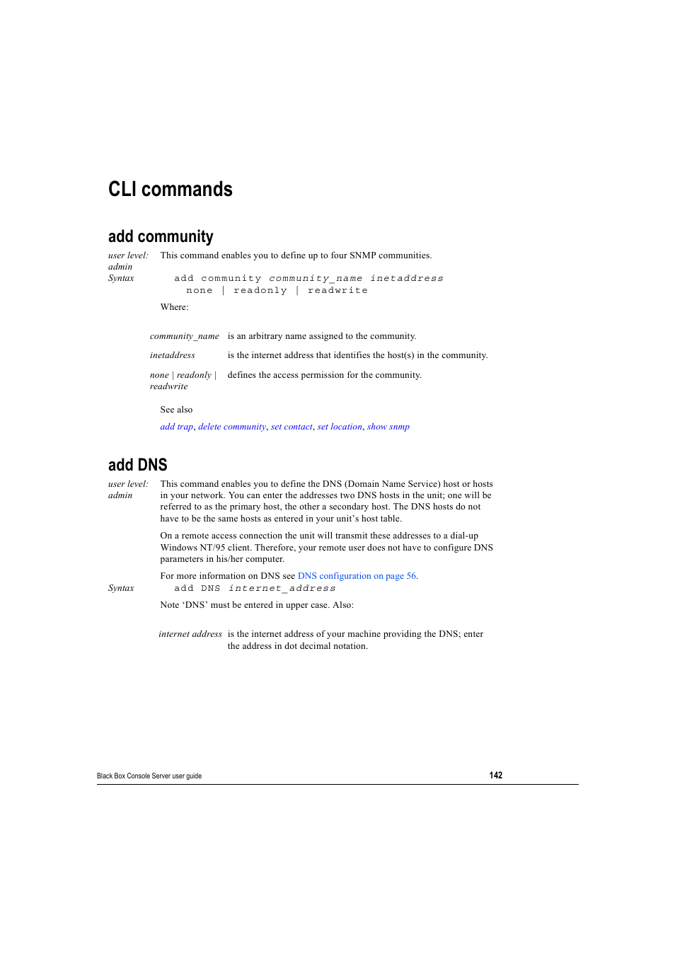 Cli commands, Add community, Add dns | Add community add dns | Black Box 16 port User Manual | Page 142 / 263