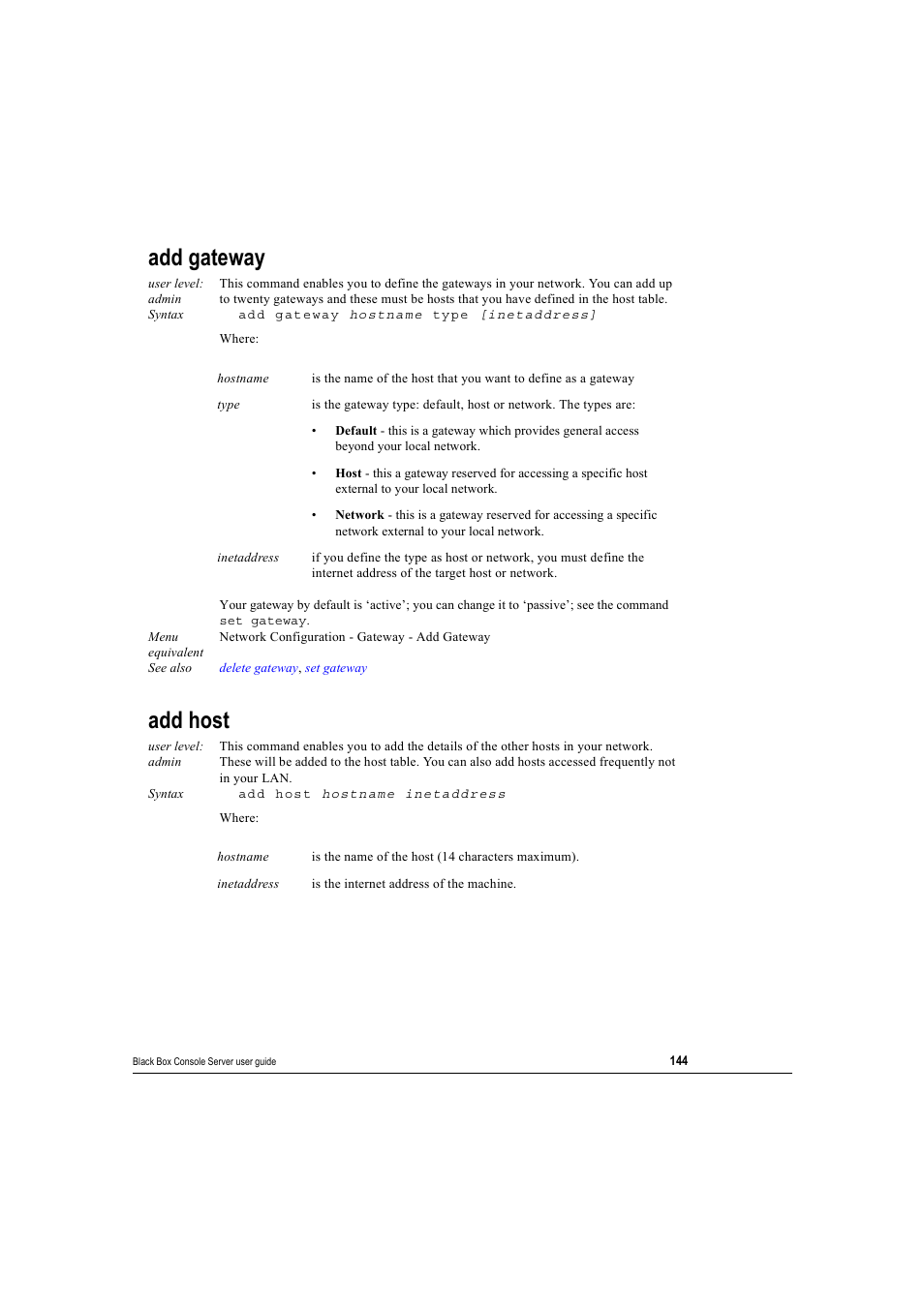 Add gateway, Add host, Add gateway add host | Black Box 16 port User Manual | Page 144 / 263
