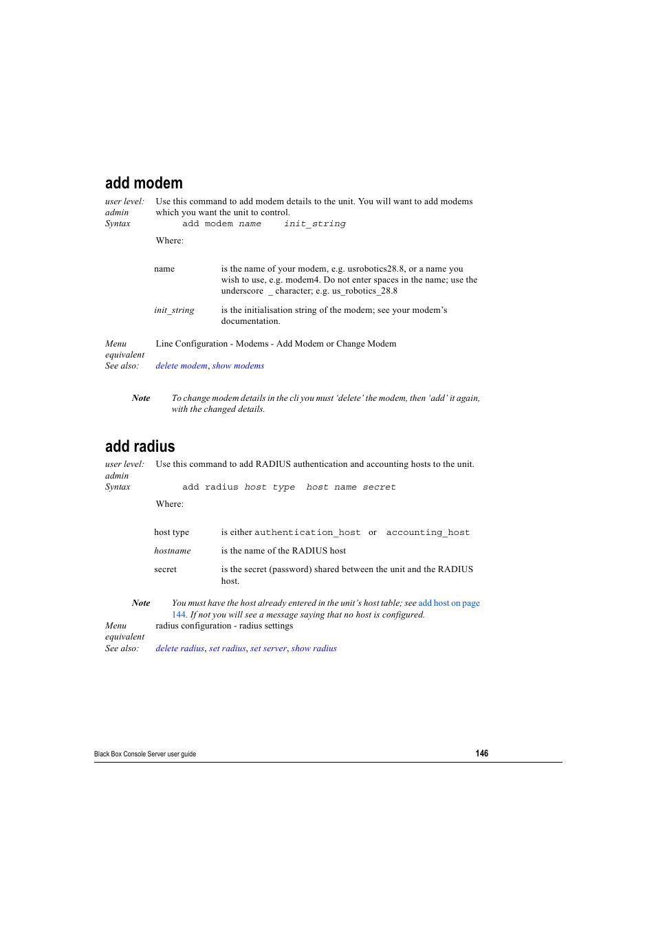 Add modem, Add radius, Add modem add radius | Black Box 16 port User Manual | Page 146 / 263