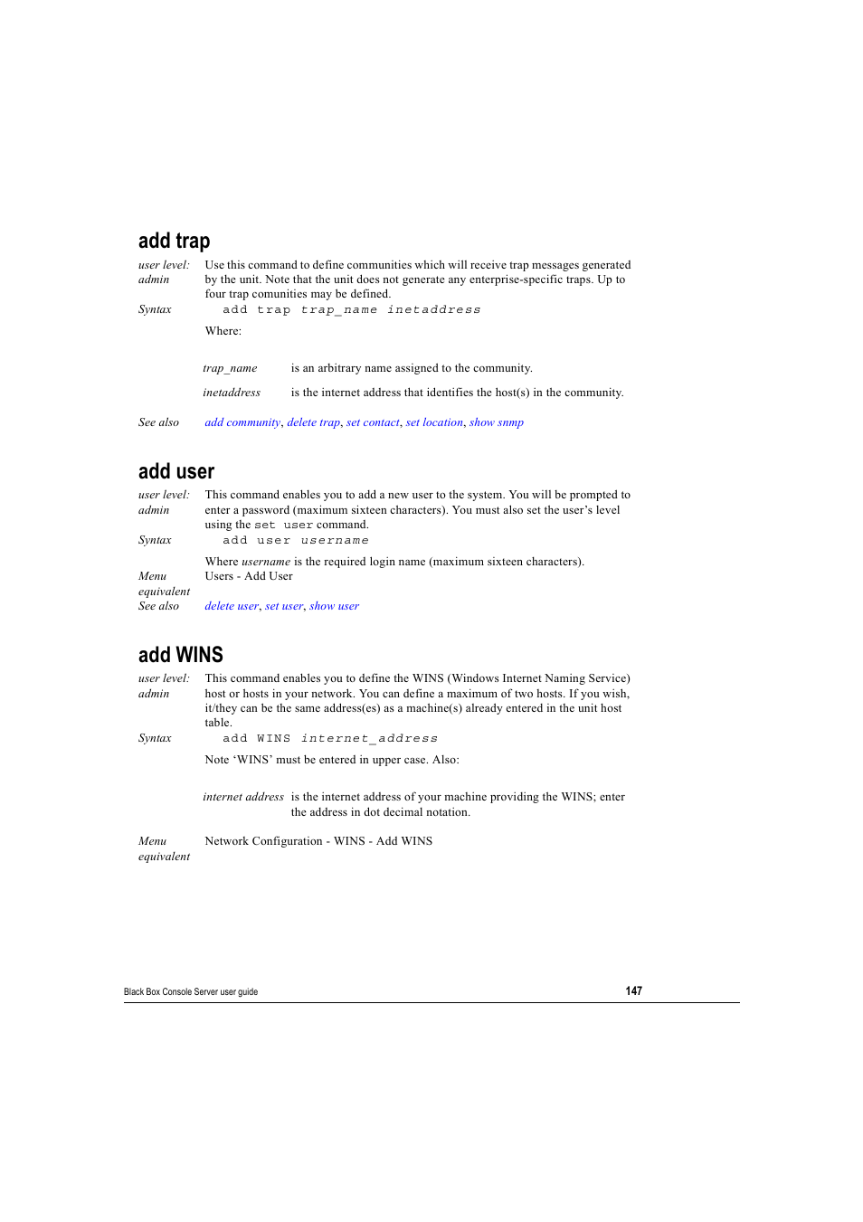 Add trap, Add user, Add wins | Add trap add user add wins | Black Box 16 port User Manual | Page 147 / 263