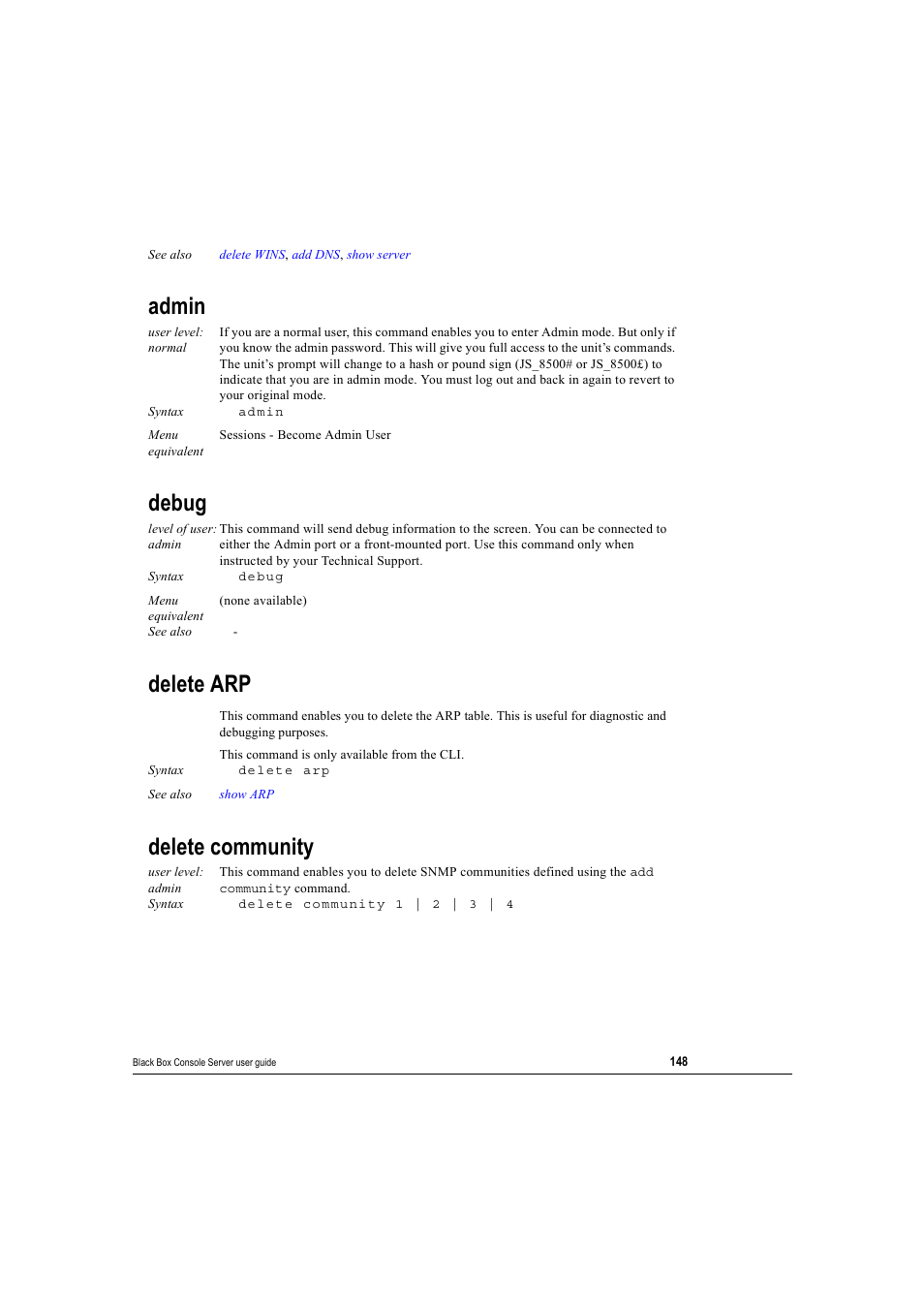 Admin, Debug, Delete arp | Delete community, Admin debug delete arp delete community | Black Box 16 port User Manual | Page 148 / 263