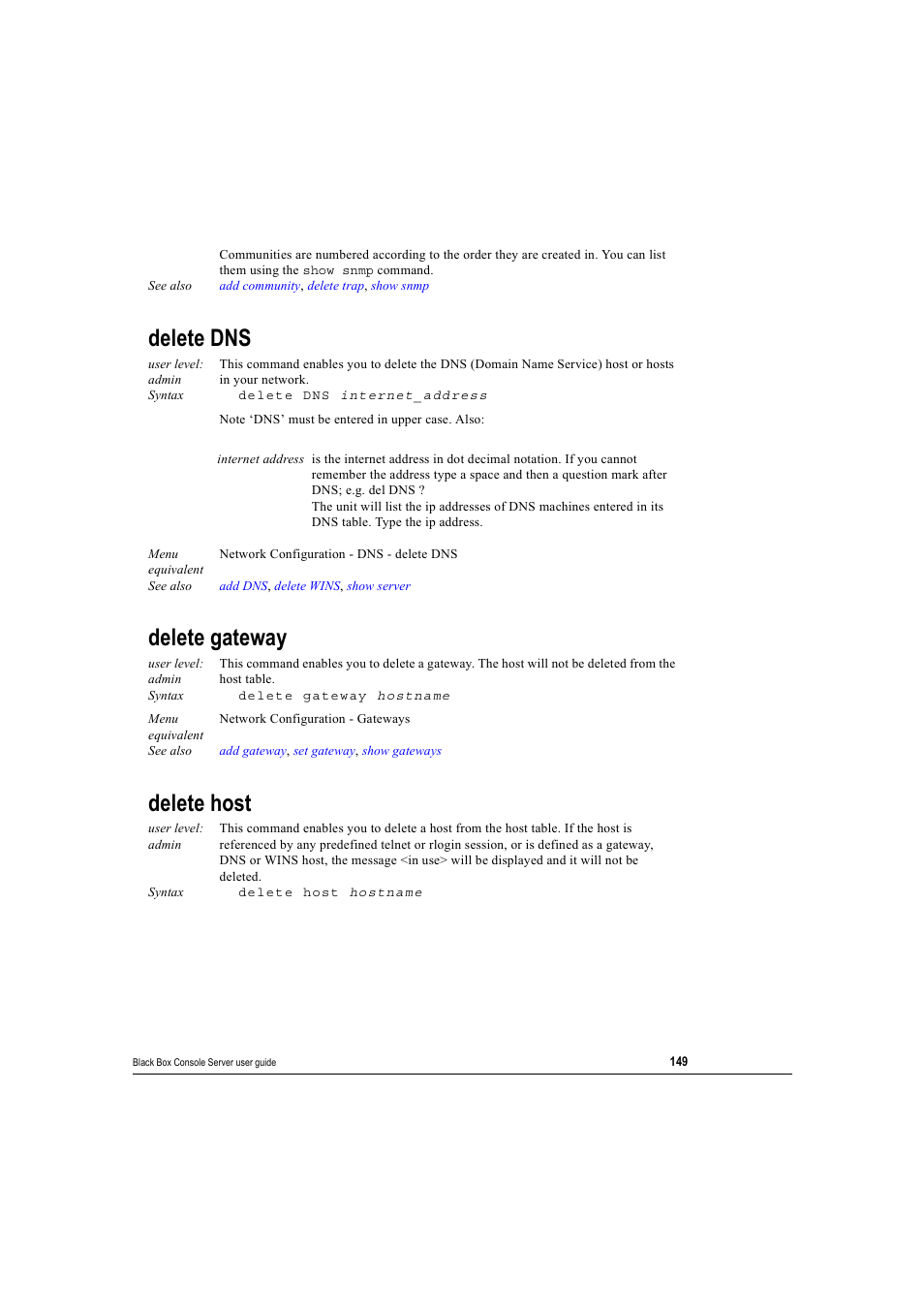 Delete dns, Delete gateway, Delete host | Delete dns delete gateway delete host | Black Box 16 port User Manual | Page 149 / 263
