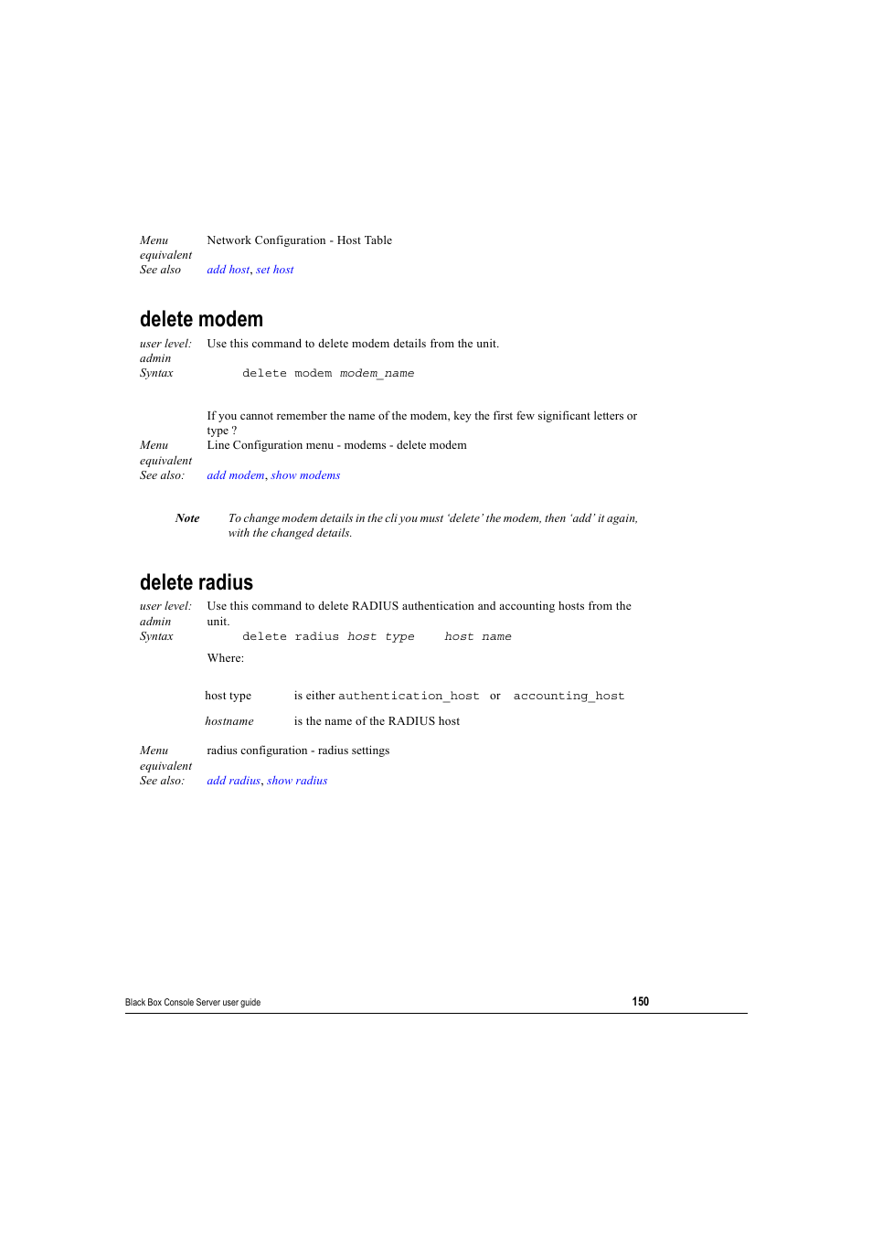 Delete modem, Delete radius, Delete modem delete radius | Black Box 16 port User Manual | Page 150 / 263