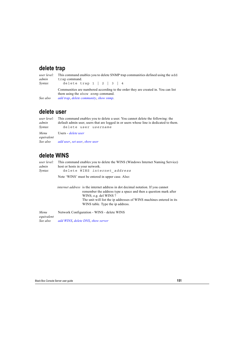Delete trap, Delete user, Delete wins | Delete trap delete user delete wins | Black Box 16 port User Manual | Page 151 / 263