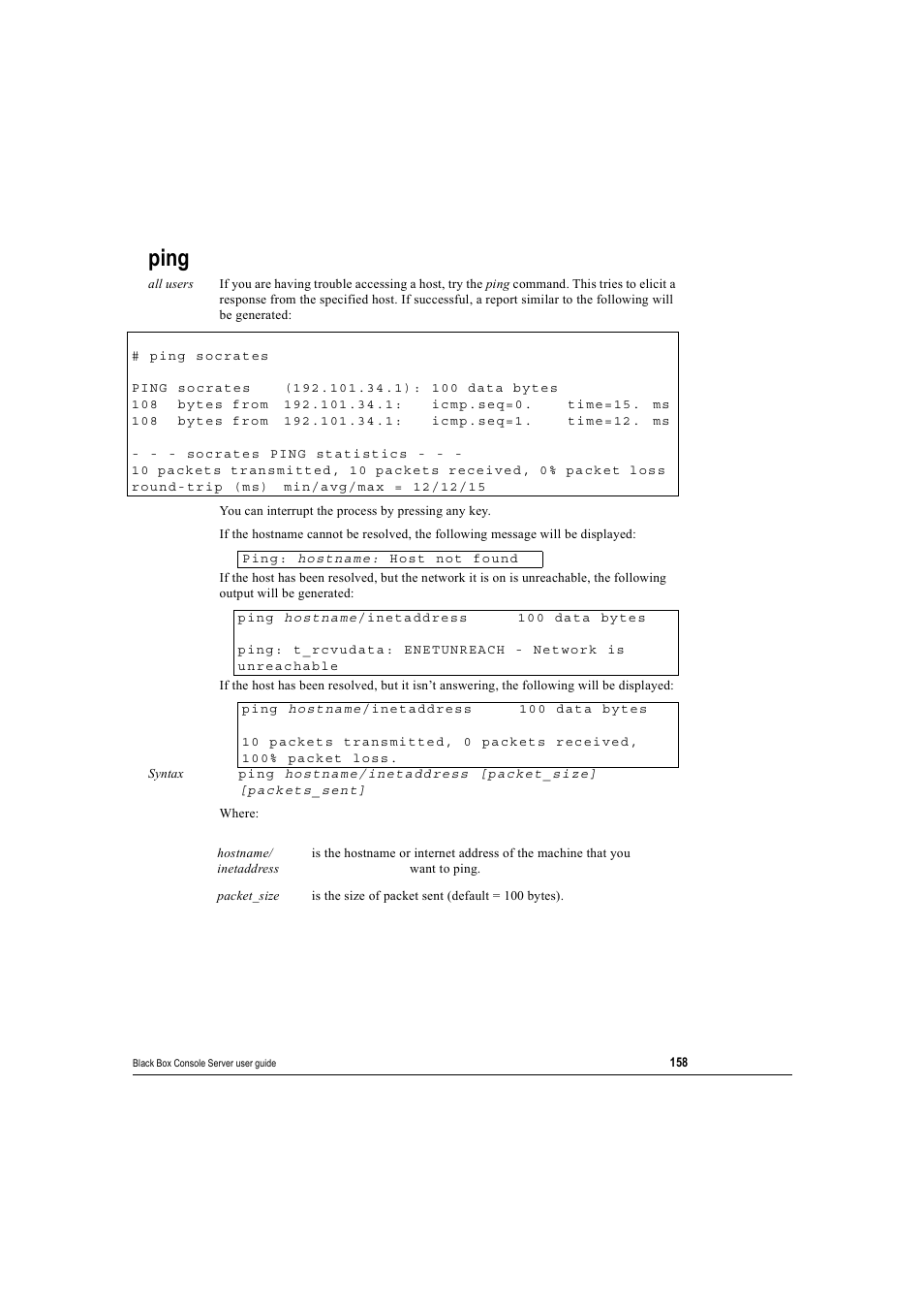 Ping | Black Box 16 port User Manual | Page 158 / 263