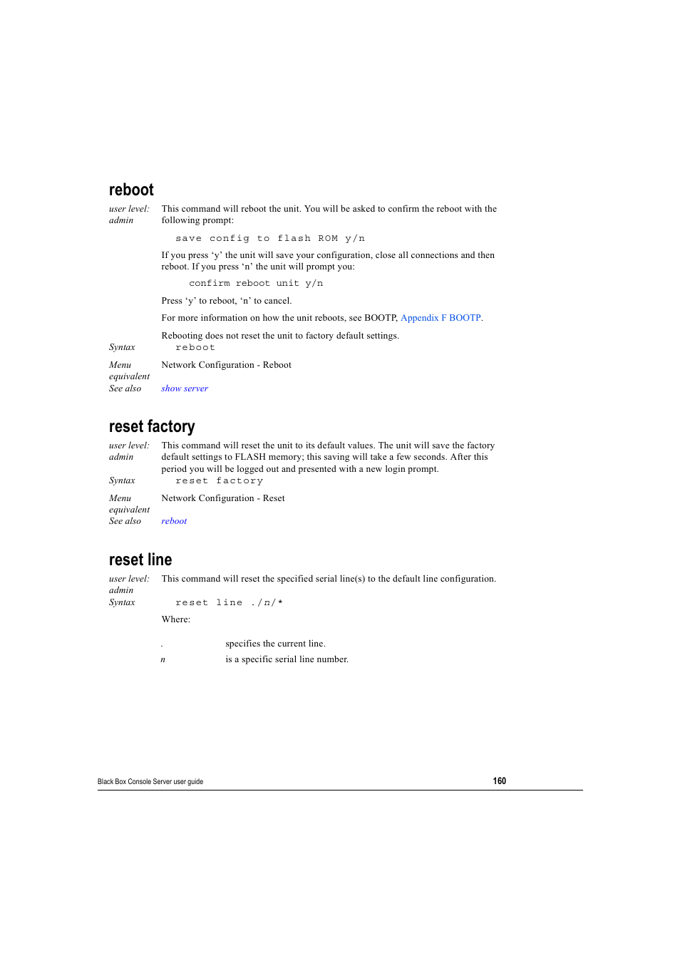 Reboot, Reset factory, Reset line | Reboot reset factory reset line | Black Box 16 port User Manual | Page 160 / 263