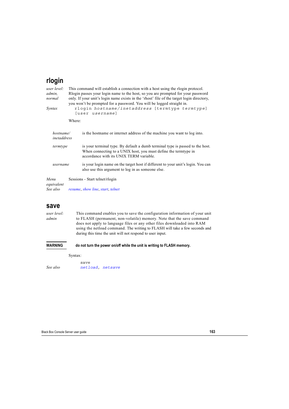Rlogin, Save, Rlogin save | Black Box 16 port User Manual | Page 163 / 263