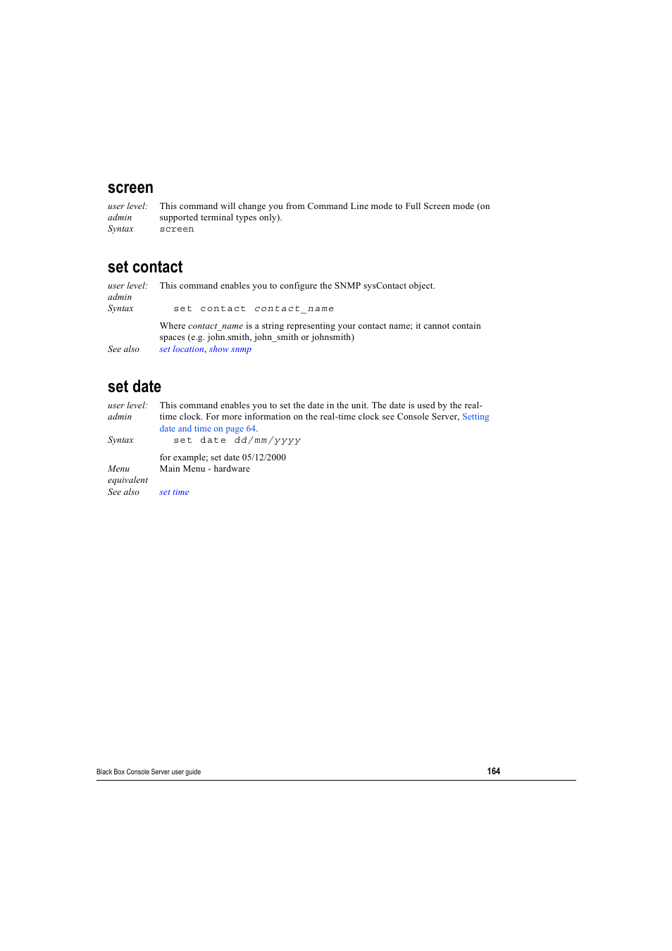 Screen, Set contact, Set date | Screen set contact set date | Black Box 16 port User Manual | Page 164 / 263
