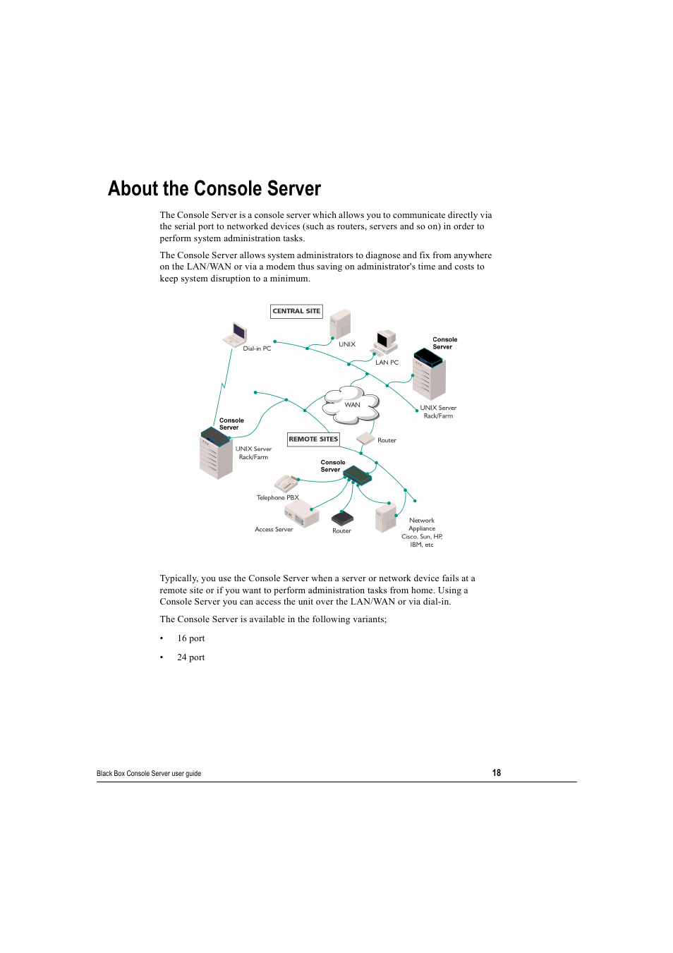 About the console server | Black Box 16 port User Manual | Page 18 / 263