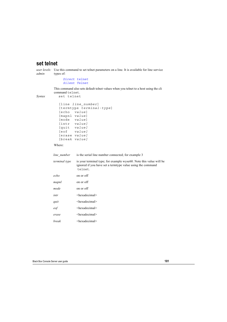 Set telnet | Black Box 16 port User Manual | Page 181 / 263