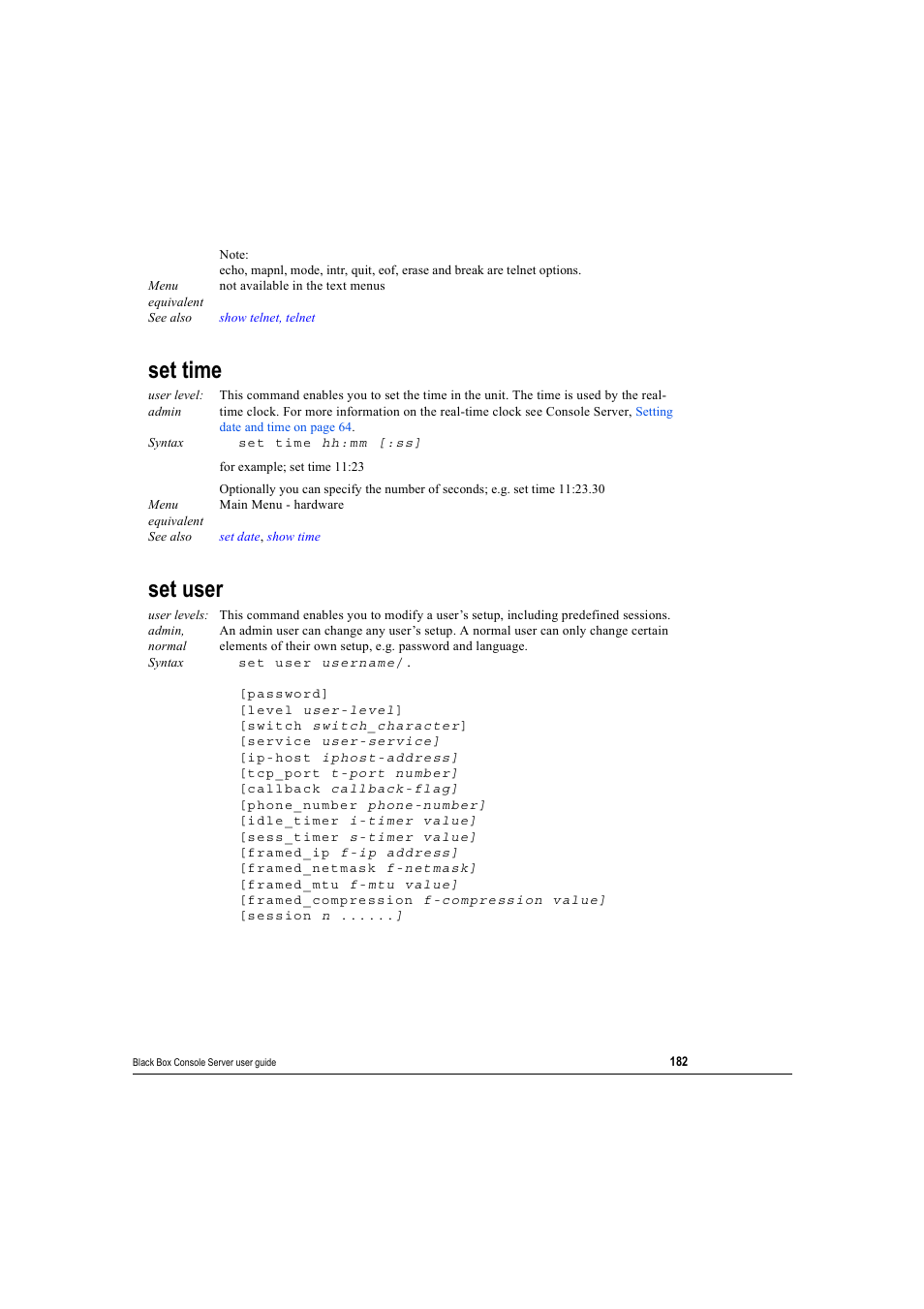 Set time, Set user, Set time set user | Black Box 16 port User Manual | Page 182 / 263