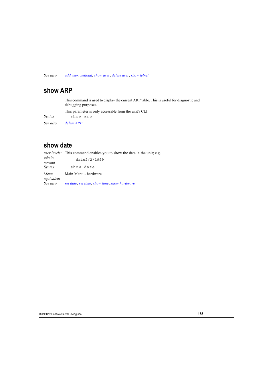 Show arp, Show date, Show arp show date | Black Box 16 port User Manual | Page 185 / 263
