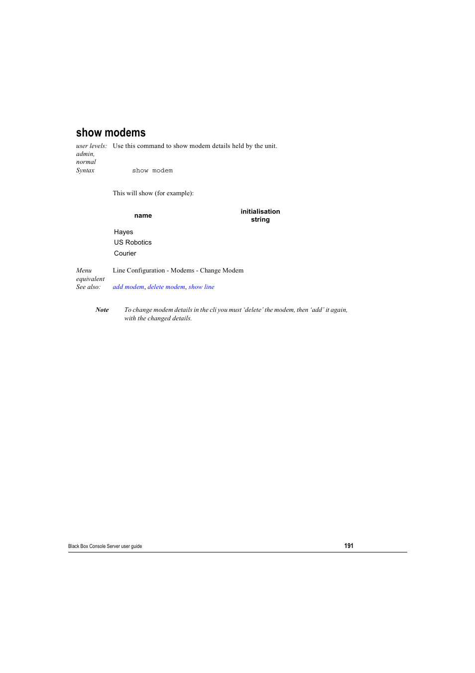 Show modems | Black Box 16 port User Manual | Page 191 / 263