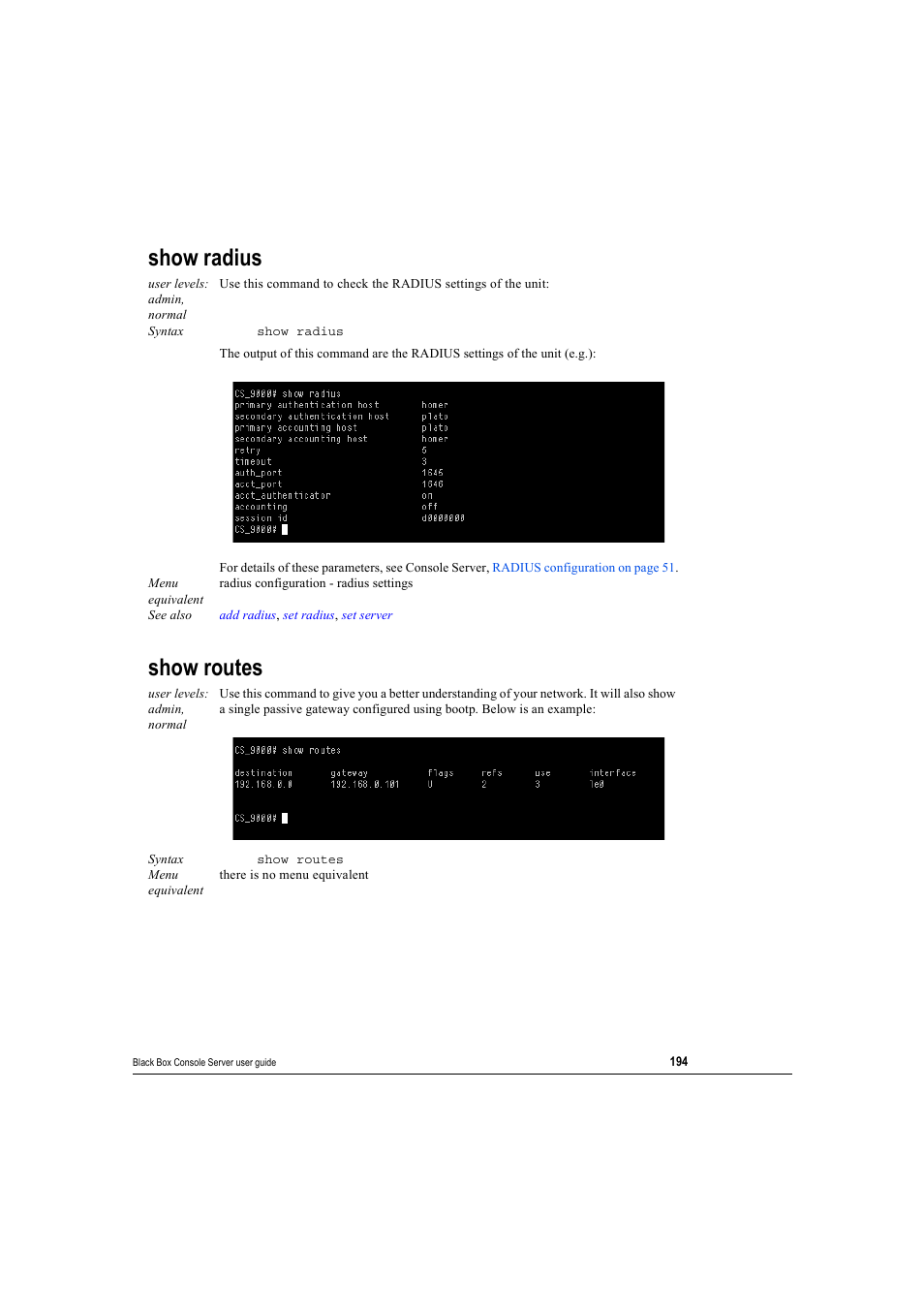 Show radius, Show routes, Show radius show routes | Black Box 16 port User Manual | Page 194 / 263