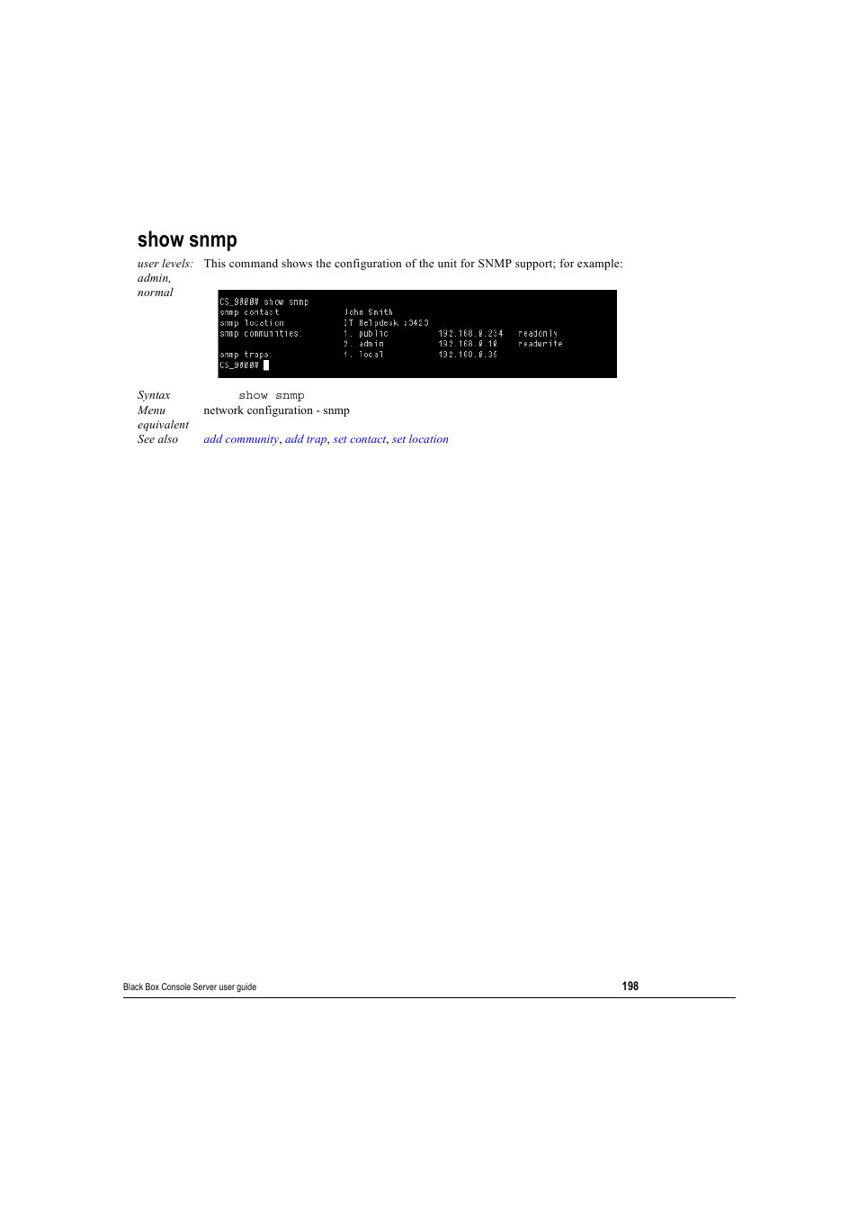 Show snmp | Black Box 16 port User Manual | Page 198 / 263