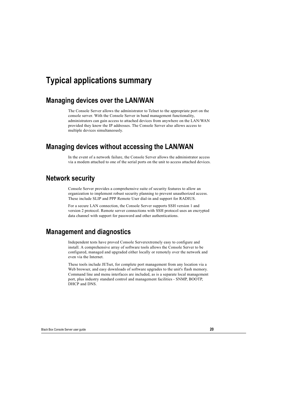 Typical applications summary, Managing devices over the lan/wan, Managing devices without accessing the lan/wan | Network security, Management and diagnostics | Black Box 16 port User Manual | Page 20 / 263