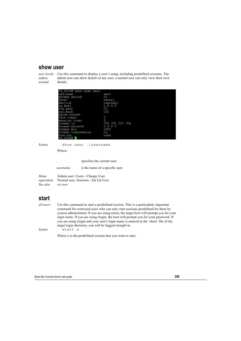 Show user, Start, Show user start | Black Box 16 port User Manual | Page 200 / 263