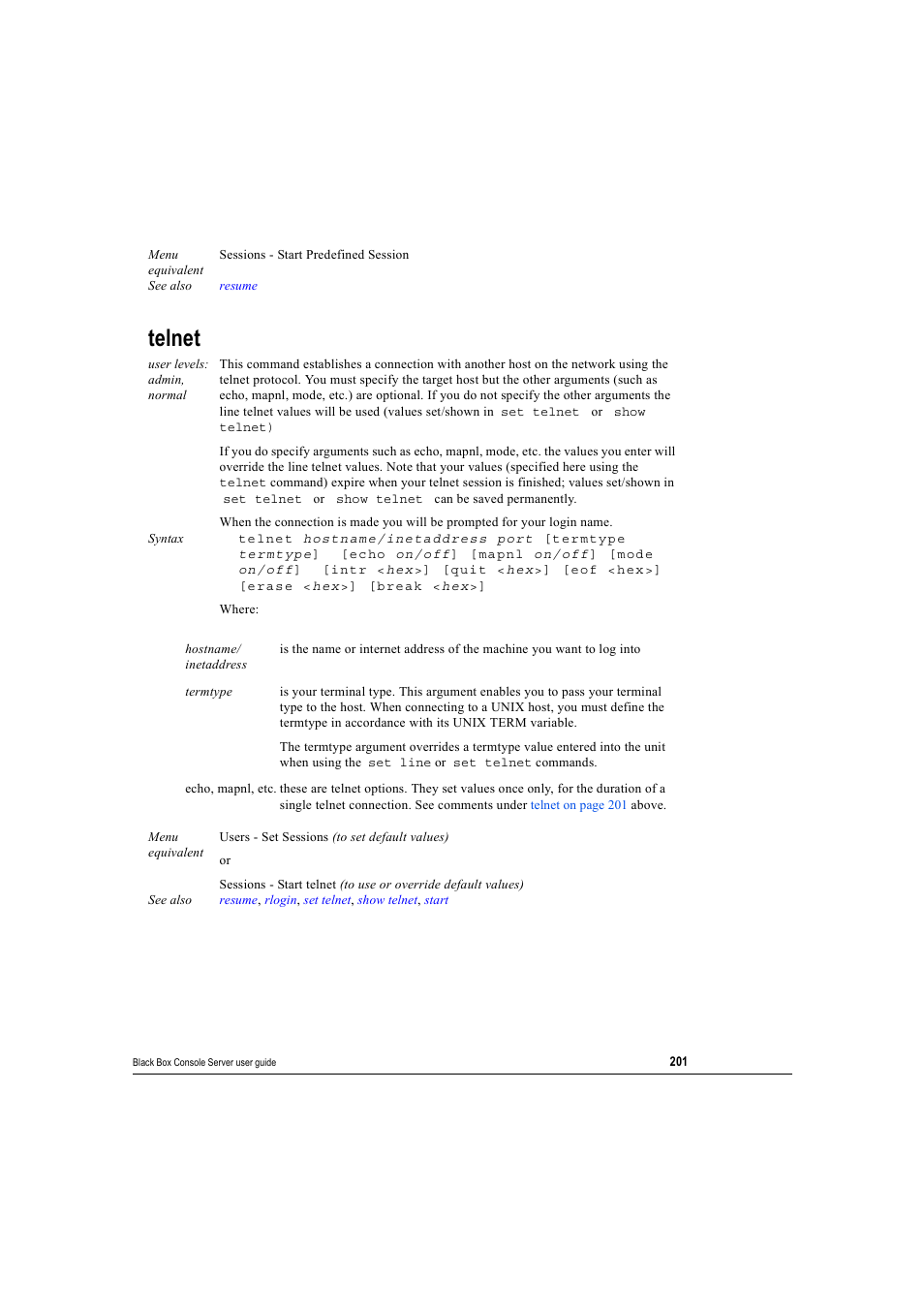 Telnet, Lnet | Black Box 16 port User Manual | Page 201 / 263