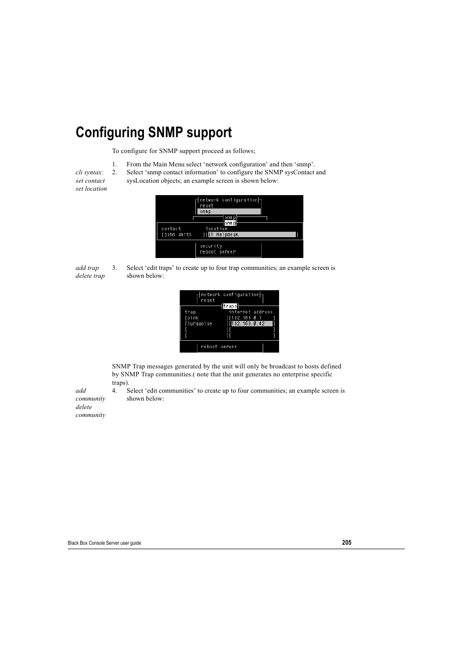 Configuring snmp support | Black Box 16 port User Manual | Page 205 / 263