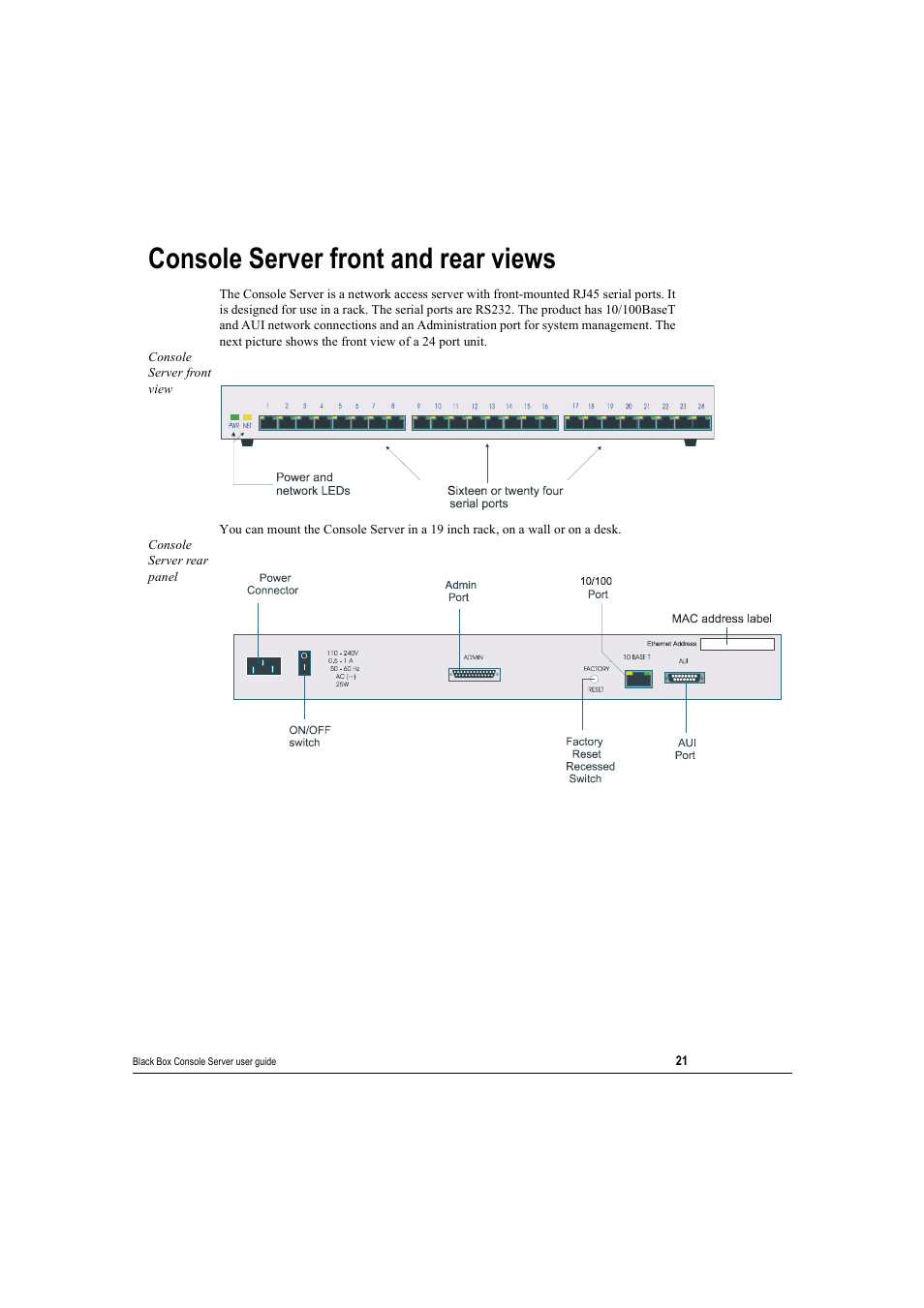 Console server front and rear views, Setting up an ip address, Console server front and rear | Black Box 16 port User Manual | Page 21 / 263