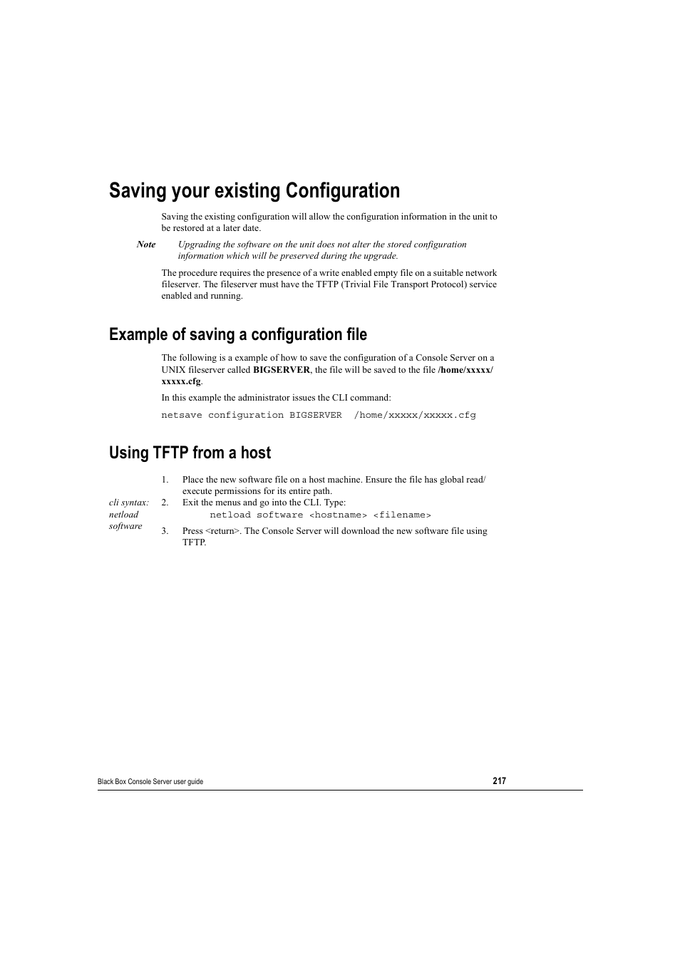 Saving your existing configuration, Example of saving a configuration file, Using tftp from a host | Using | Black Box 16 port User Manual | Page 217 / 263