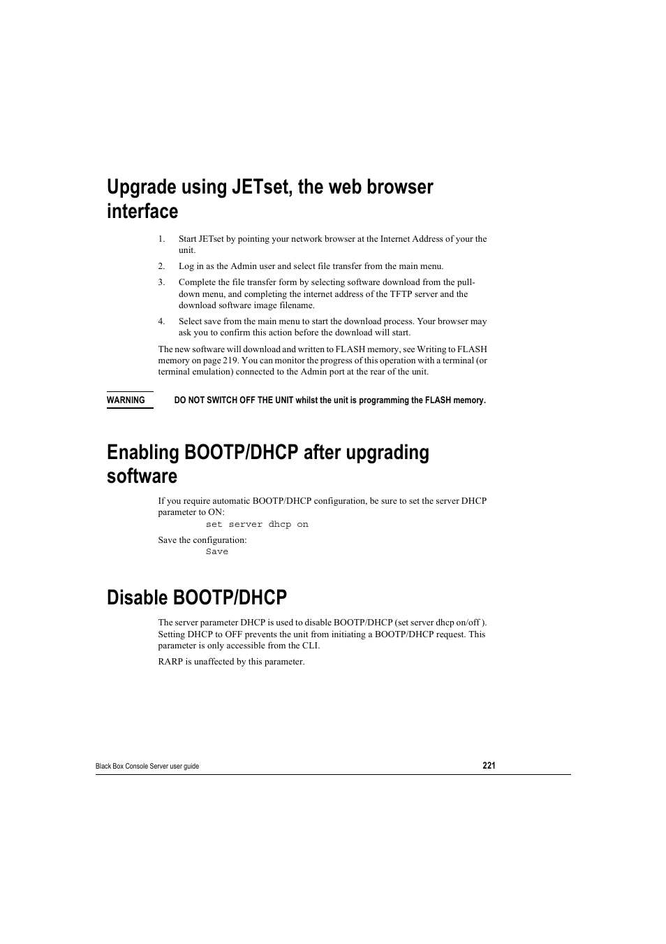 Upgrade using jetset, the web browser interface, Enabling bootp/dhcp after upgrading software, Disable bootp/dhcp | Upgrade using jetset, the web | Black Box 16 port User Manual | Page 221 / 263