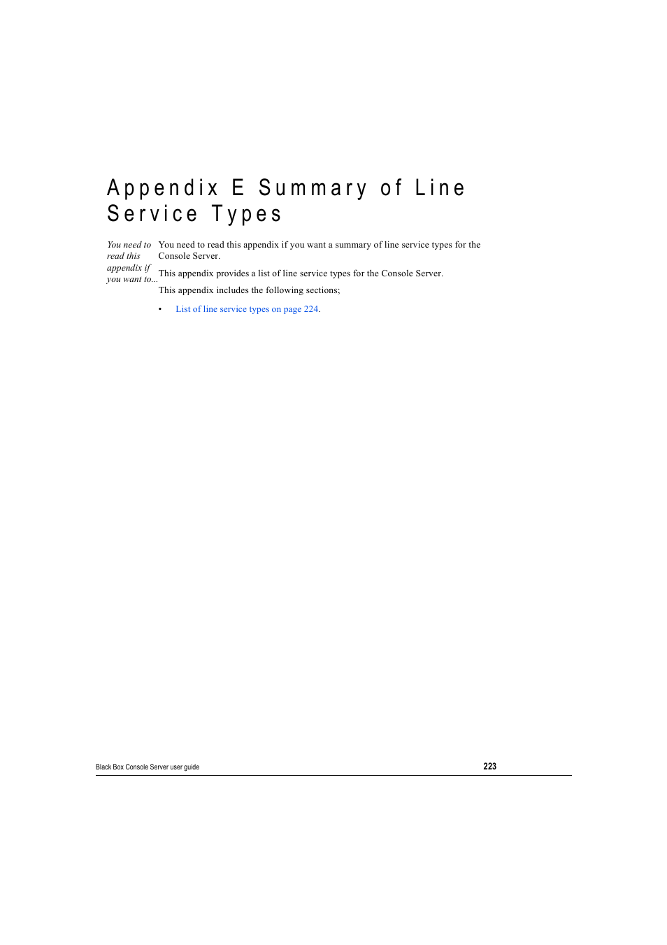 Appendix e summary of line service types, Ppendix, Ummary | Ervice, Ypes, Ces see, Appendix e summary of line service, Types | Black Box 16 port User Manual | Page 223 / 263