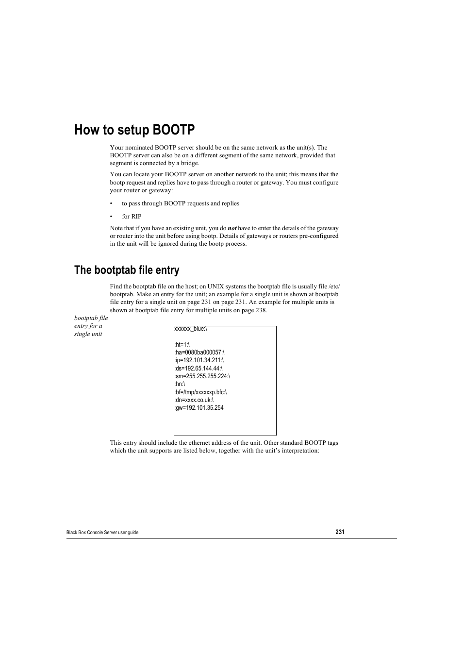 How to setup bootp, The bootptab file entry | Black Box 16 port User Manual | Page 231 / 263
