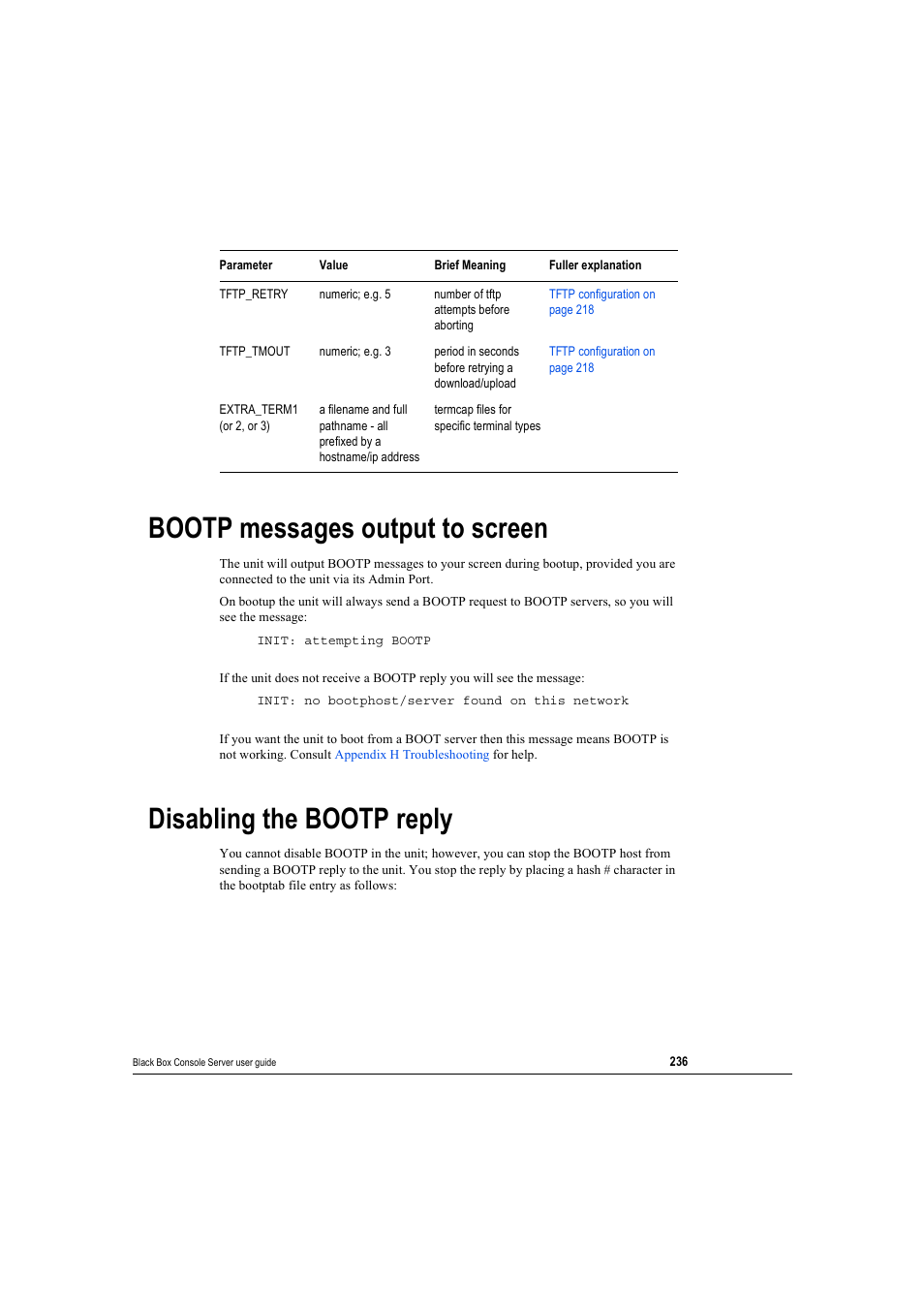 Bootp messages output to screen, Disabling the bootp reply | Black Box 16 port User Manual | Page 236 / 263