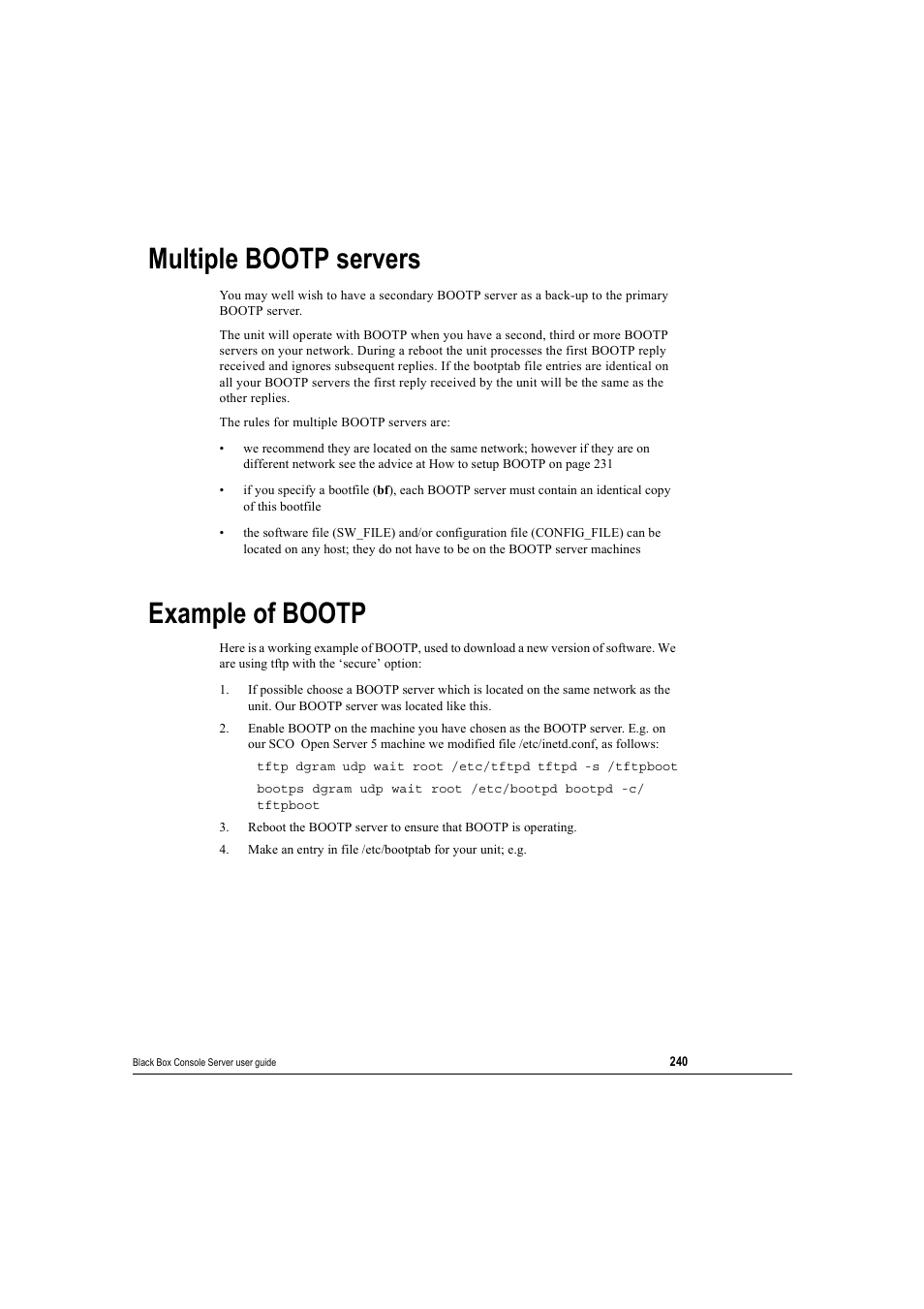 Multiple bootp servers, Example of bootp, Multiple bootp servers example of bootp | Black Box 16 port User Manual | Page 240 / 263