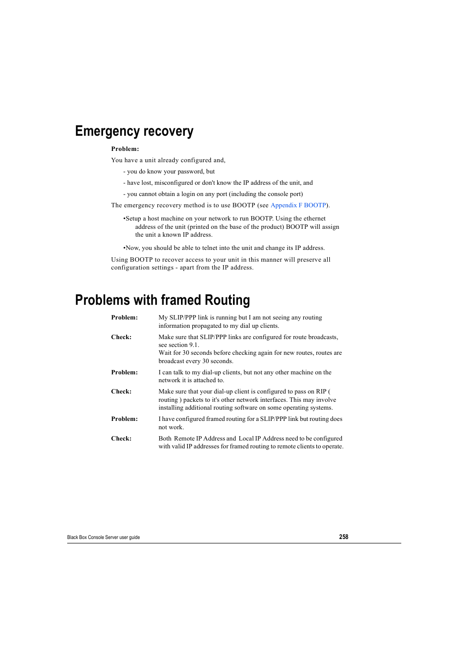 Emergency recovery, Problems with framed routing, Emergency recovery problems with framed routing | Black Box 16 port User Manual | Page 258 / 263
