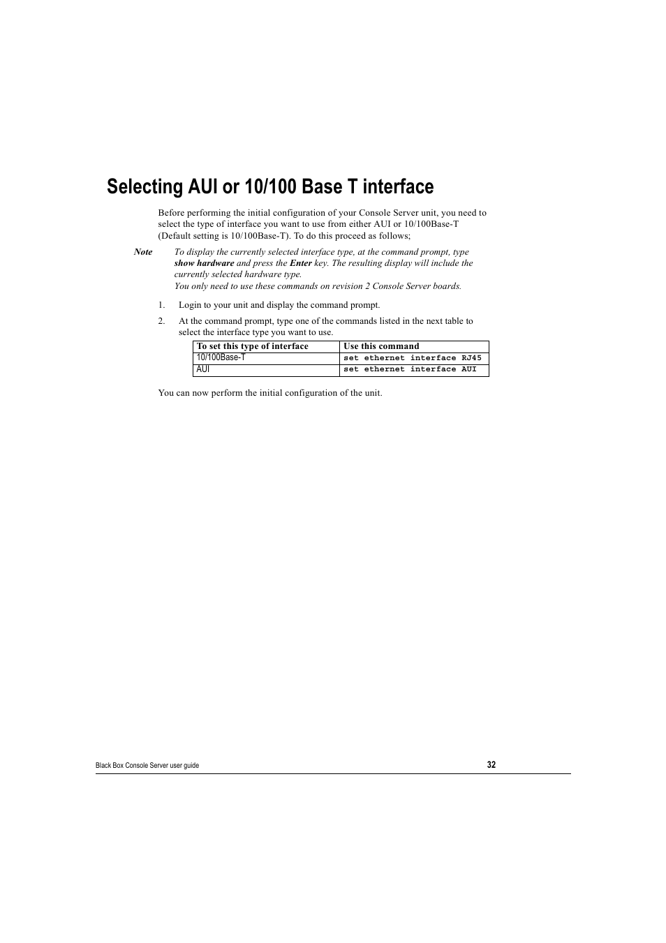 Selecting aui or 10/100 base t interface, Selecting aui or 10/100 base | Black Box 16 port User Manual | Page 32 / 263