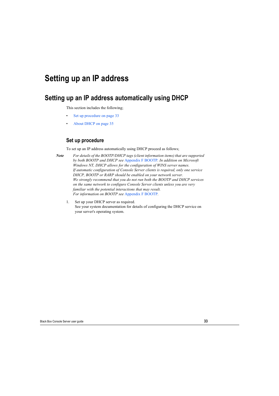 Setting up an ip address, Setting up an ip address automatically using dhcp, Set up procedure | Setting up an ip address on | Black Box 16 port User Manual | Page 33 / 263