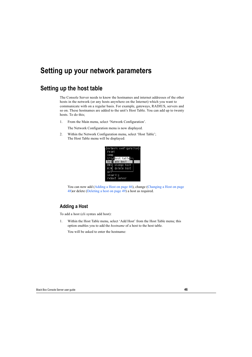 Setting up your network parameters, Setting up the host table, Adding a host | Setting up your | Black Box 16 port User Manual | Page 46 / 263