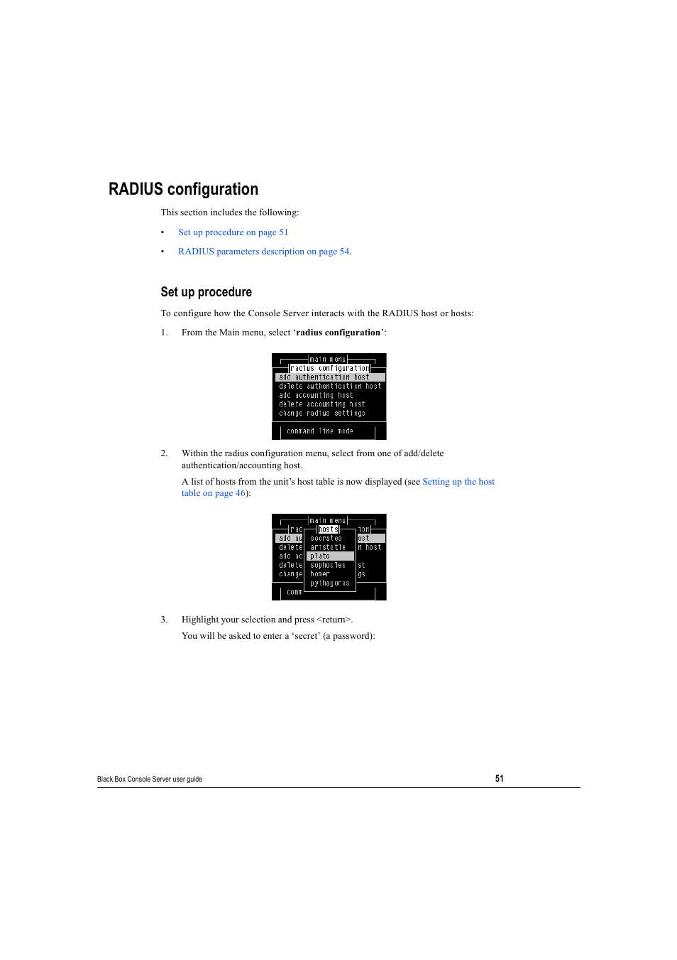 Radius configuration, Set up procedure | Black Box 16 port User Manual | Page 51 / 263