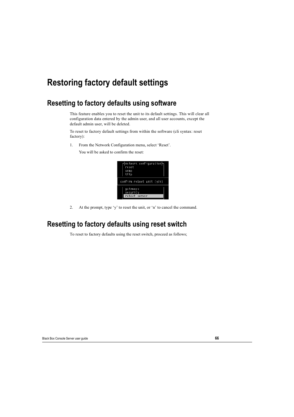 Restoring factory default settings, Resetting to factory defaults using software, Resetting to factory defaults using reset switch | Black Box 16 port User Manual | Page 66 / 263