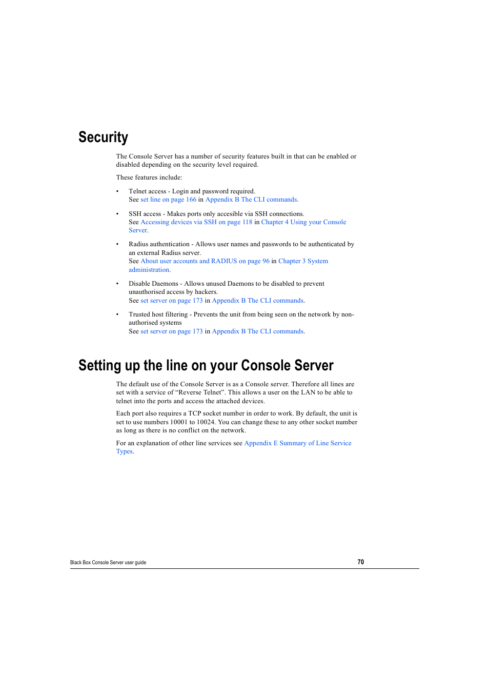Security, Setting up the line on your console server | Black Box 16 port User Manual | Page 70 / 263