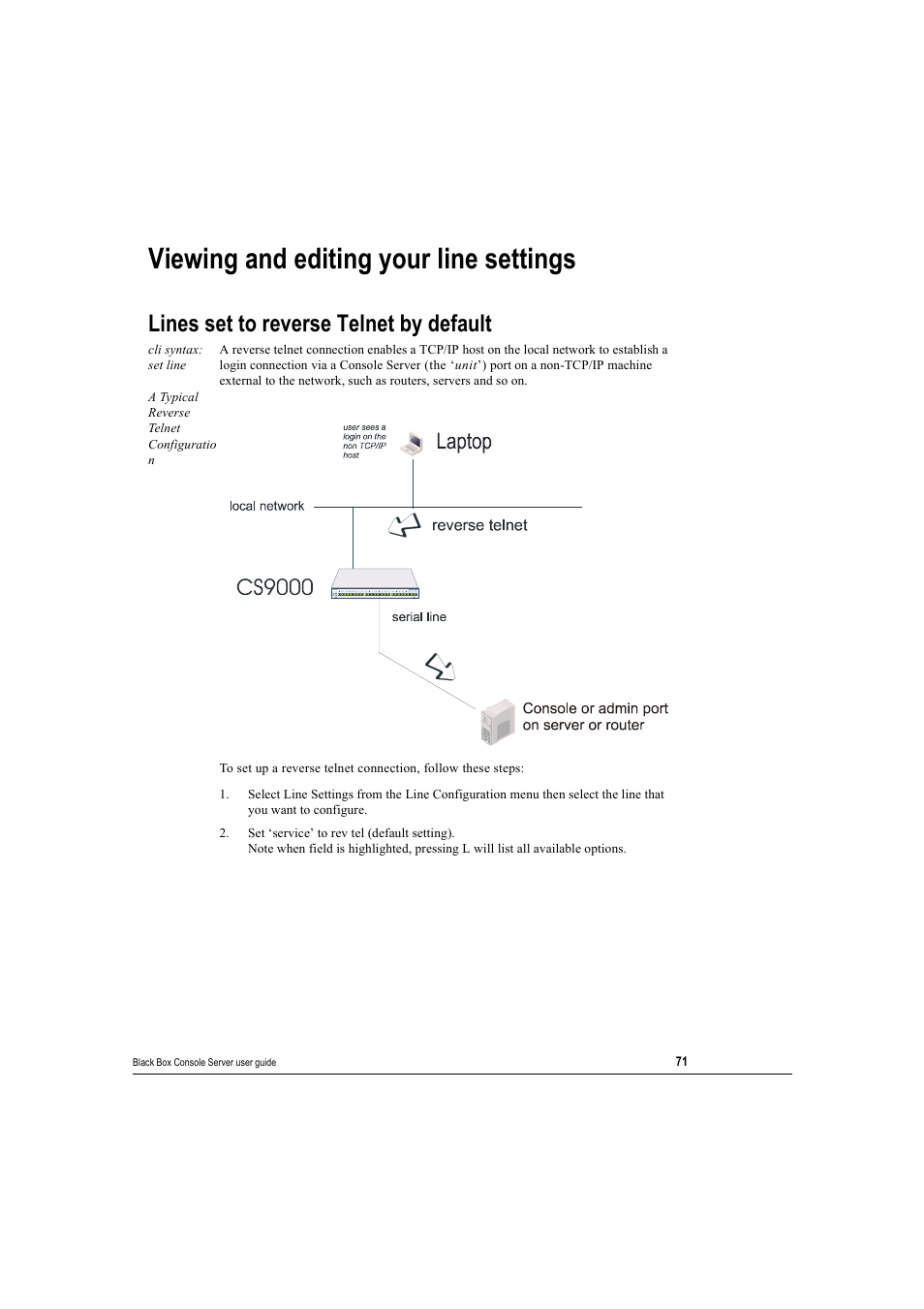 Viewing and editing your line settings, Lines set to reverse telnet by default | Black Box 16 port User Manual | Page 71 / 263