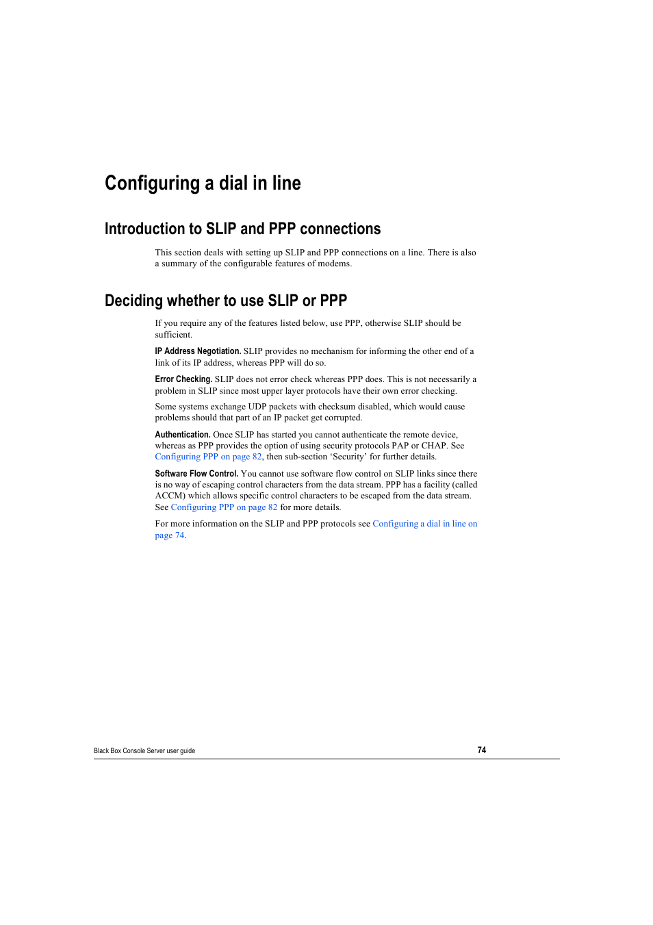 Configuring a dial in line, Introduction to slip and ppp connections, Deciding whether to use slip or ppp | Black Box 16 port User Manual | Page 74 / 263