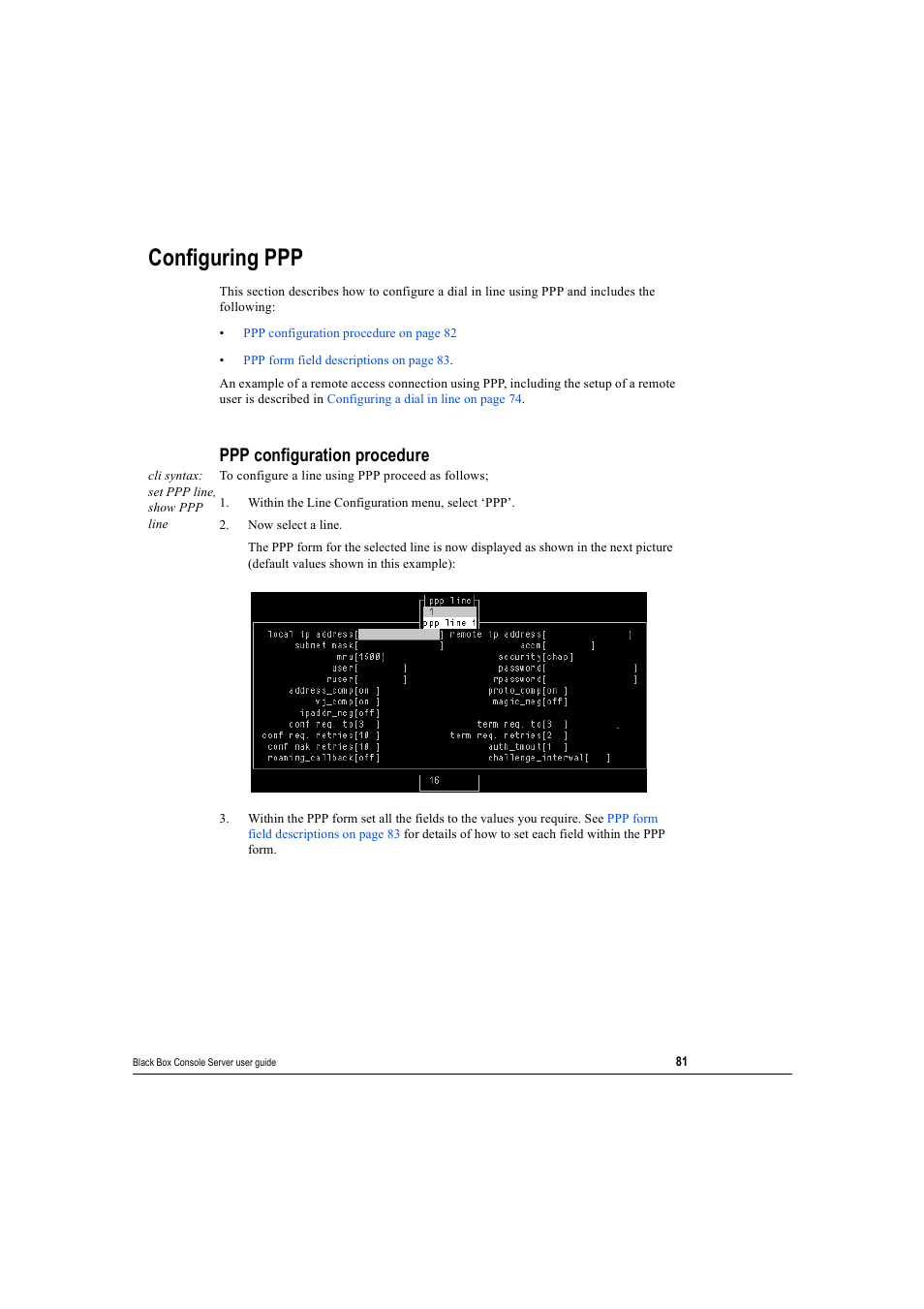Configuring ppp, Ppp configuration procedure | Black Box 16 port User Manual | Page 81 / 263
