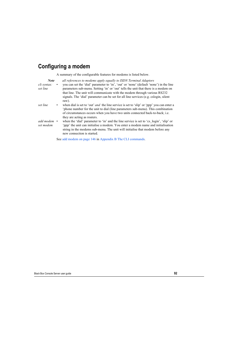 Configuring a modem | Black Box 16 port User Manual | Page 92 / 263