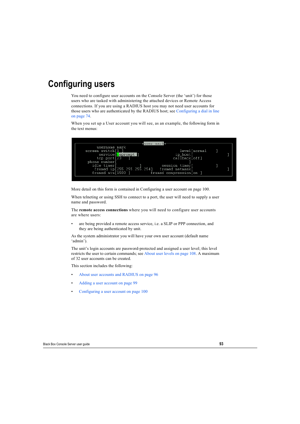 Configuring users | Black Box 16 port User Manual | Page 93 / 263