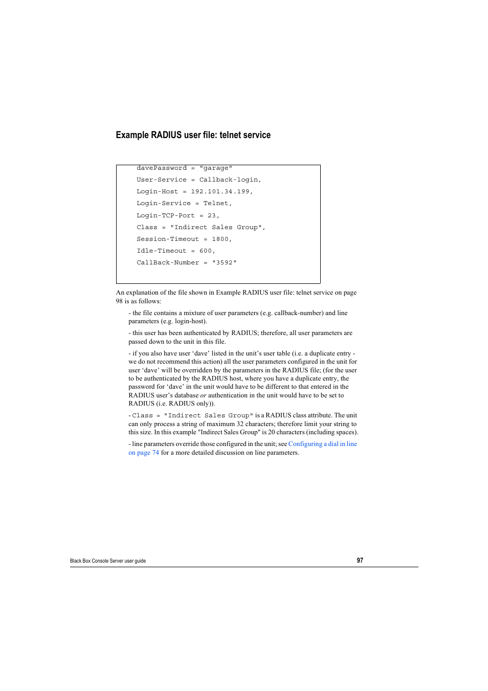 Example radius user file: telnet service | Black Box 16 port User Manual | Page 97 / 263