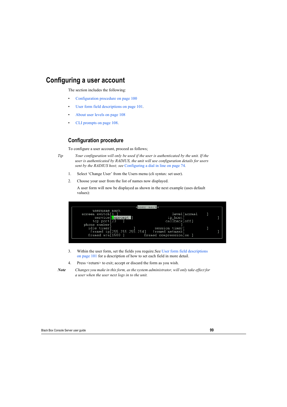 Configuring a user account, Configuration procedure, Configuring a user account on | Configuring a user, Configuring | Black Box 16 port User Manual | Page 99 / 263