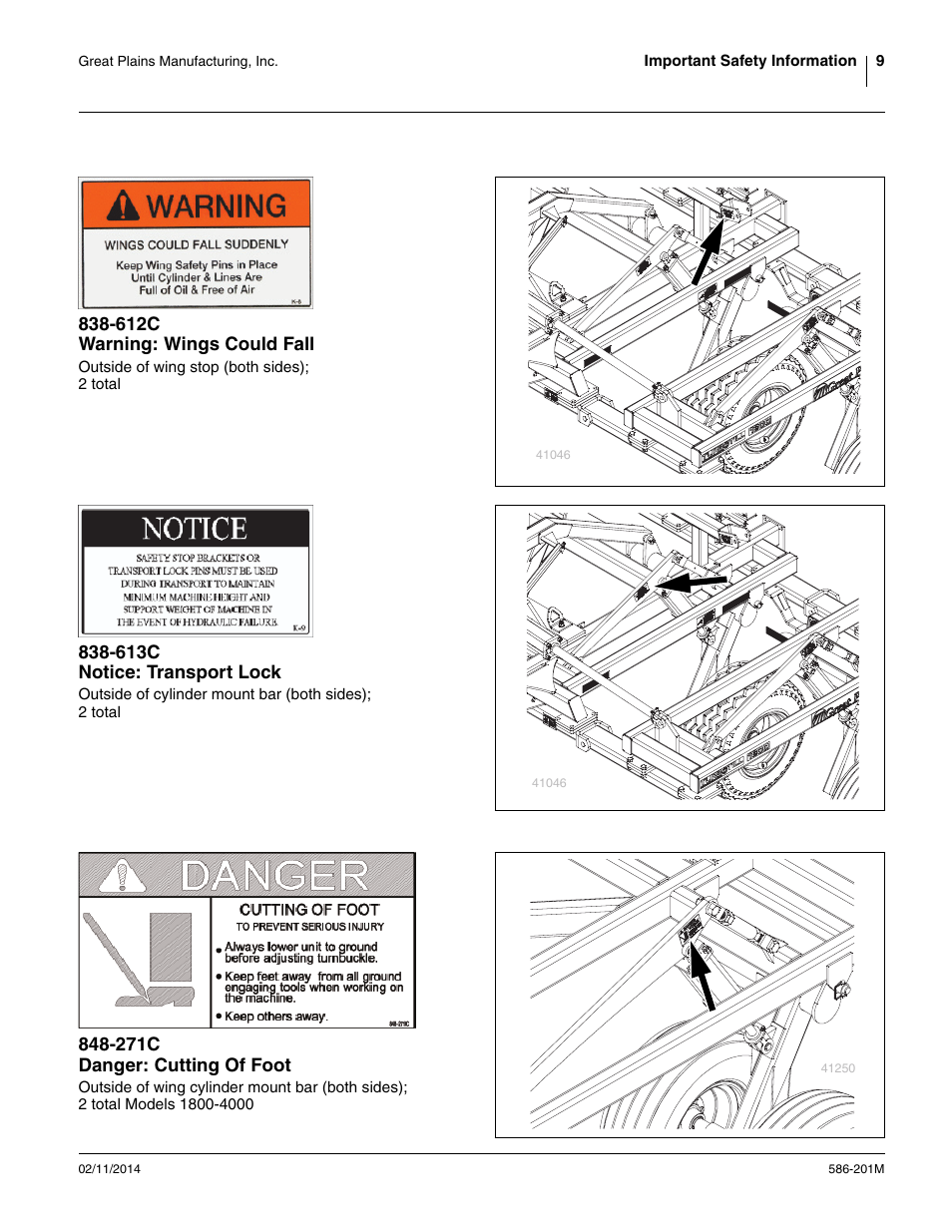 612c warning: wings could fall, 613c notice: transport lock, 271c danger: cutting of foot | Great Plains 4000TT Operator Manual User Manual | Page 13 / 42