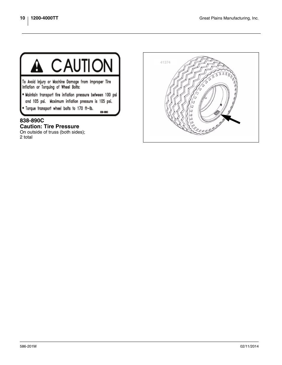 890c caution: tire pressure | Great Plains 4000TT Operator Manual User Manual | Page 14 / 42